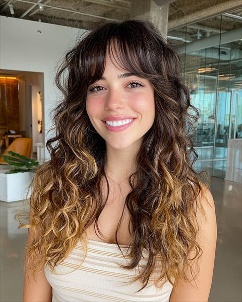 Długie Kręcone Włosy z Grzywką w Stylu Zasłonowym Długie Kręcone Włosy z Grzywką w Stylu Zasłonowym