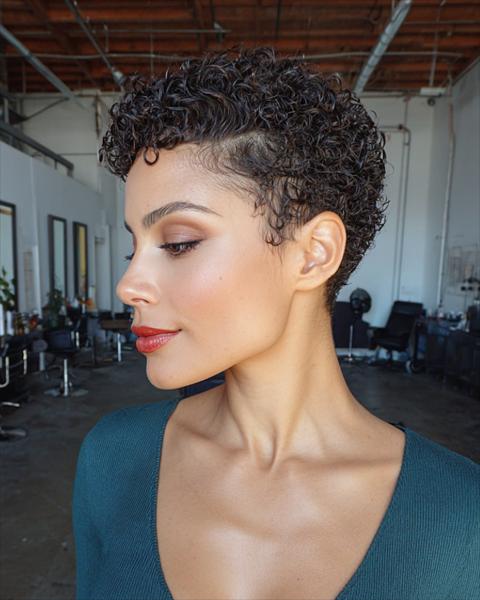 Krótka Kręcona Fryzura z Wyrazistymi Krawędziami Krótka Kręcona Fryzura z Wyrazistymi Krawędziami