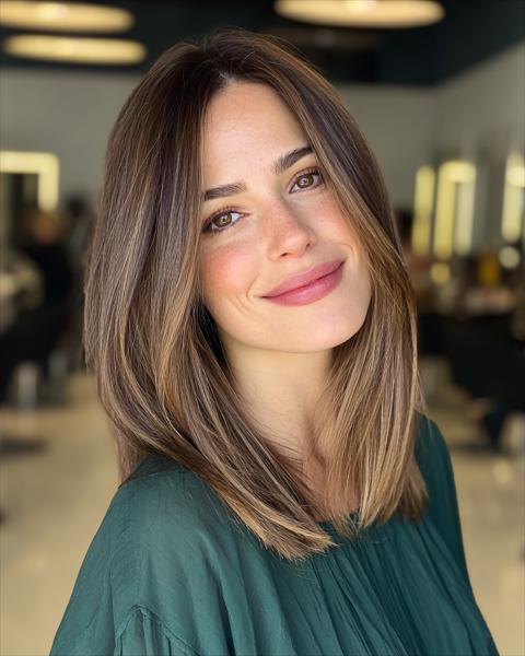Elegancki długi bob z subtelnymi refleksami balayage Elegancki długi bob z subtelnymi refleksami balayage