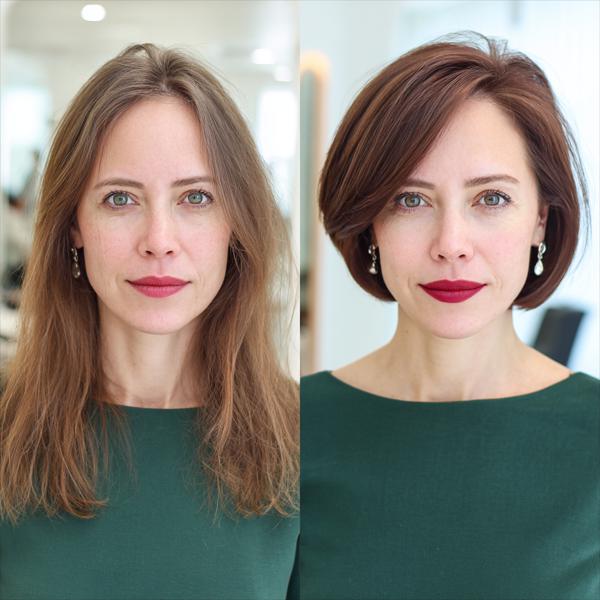 Gładki bob z subtelnymi warstwami i bogatym kasztanowym kolorem Gładki bob z subtelnymi warstwami i bogatym kasztanowym kolorem