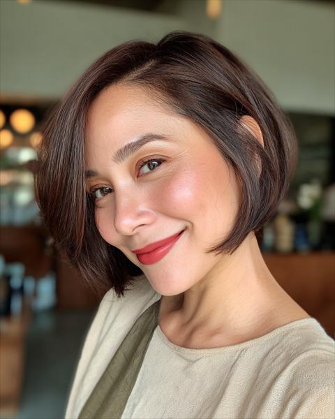 Szykowny kątowy bob z subtelnymi warstwami Szykowny kątowy bob z subtelnymi warstwami