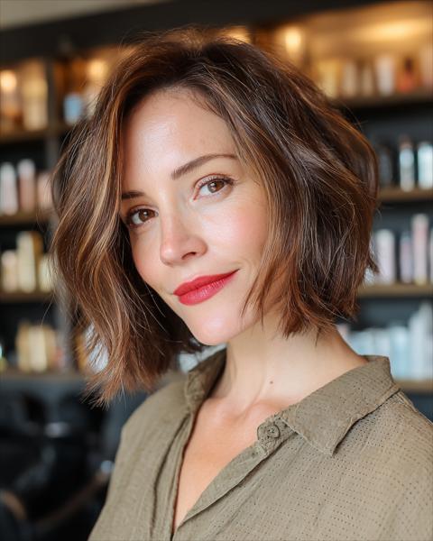 Teksturowany falisty bob z subtelnymi refleksami Teksturowany falisty bob z subtelnymi refleksami