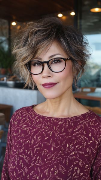 Stylowa fryzura wolf cut w odcieniu bronde z delikatnymi refleksami oraz efektem potarganego wiatrem looku