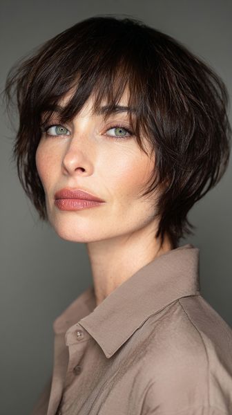 Swobodna elegancja: Espresso Wolf Cut z wyrazistą grzywką